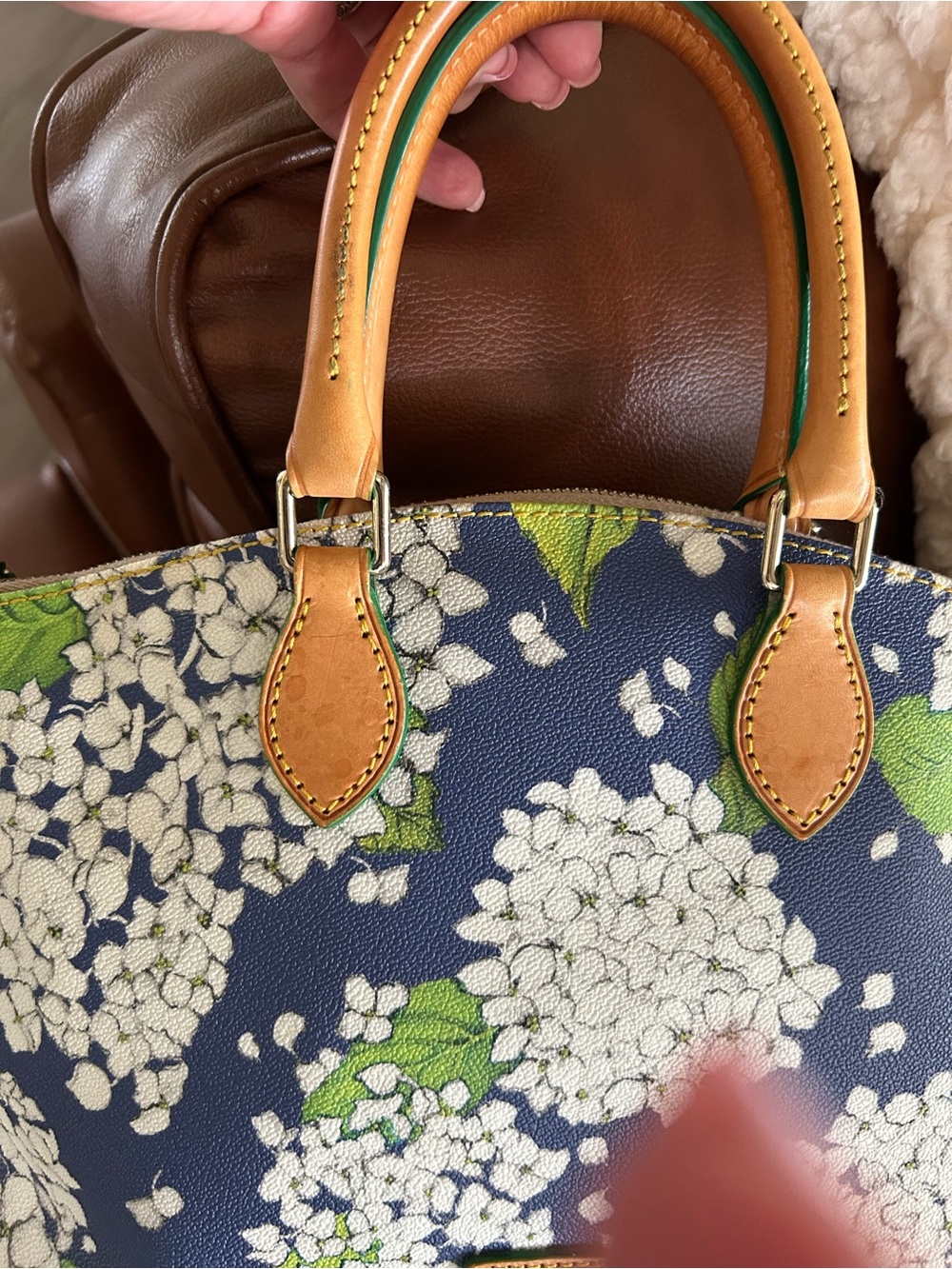 Dooney & Bourke Navy White Hydrangea Floral Satchel with Tan Trim - Picture 11 of 11
